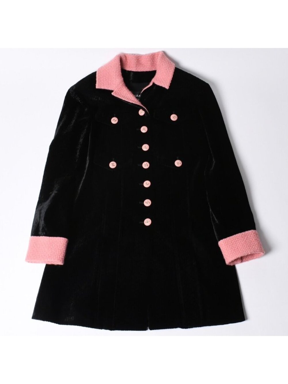 Chanel Long Coat CC Logo Corduroy Tweed Black Pink 36